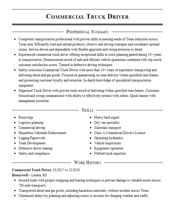 commercial driver resume Commercial truck driver resume samples