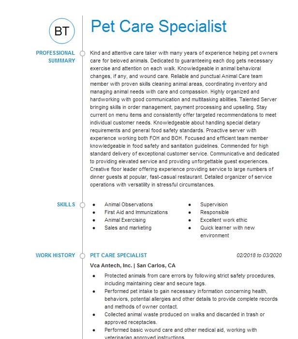 Pet Care Resume Example