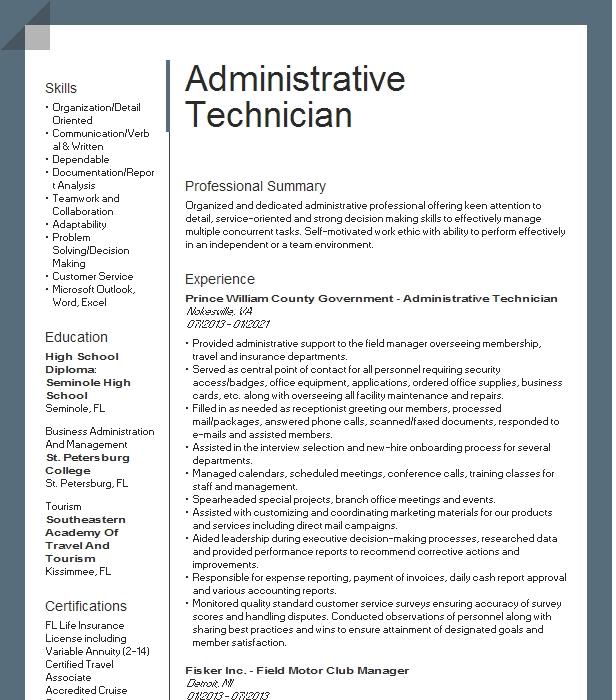 Administrative Technician Resume Example