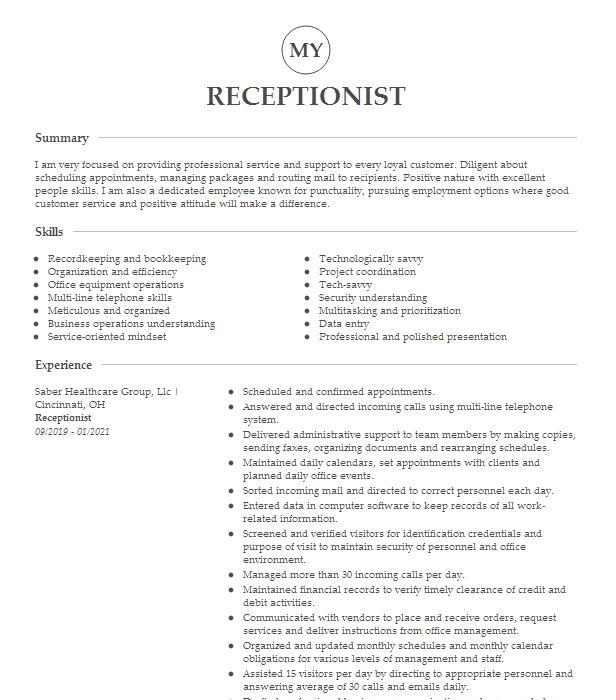 Receptionist Resume Example