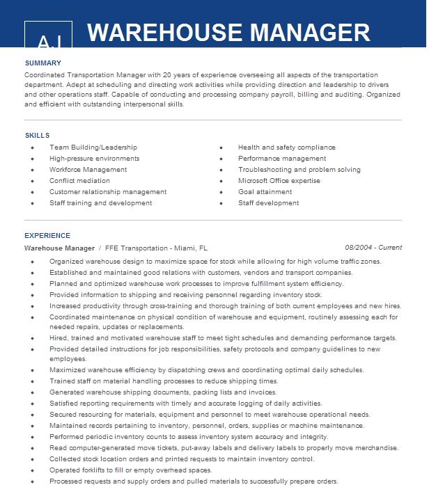 Warehouse Manager Resume Example