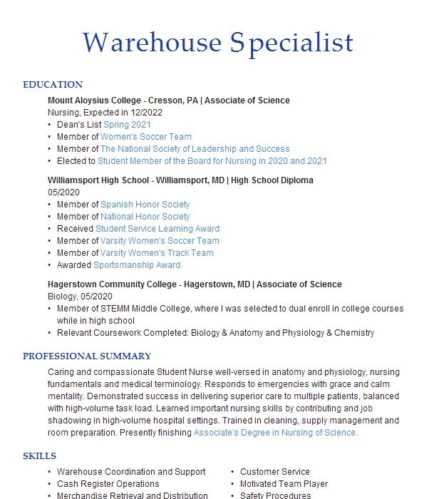 Warehouse Specialist Resume Example