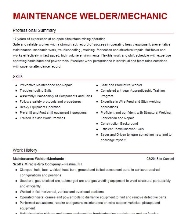 Mechanic Welder Resume Example