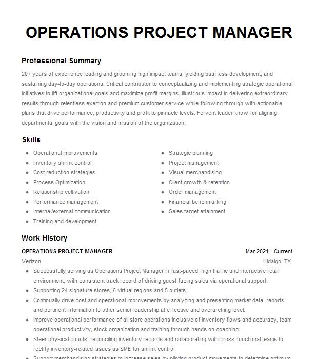 Operations Project Manager Resume Example