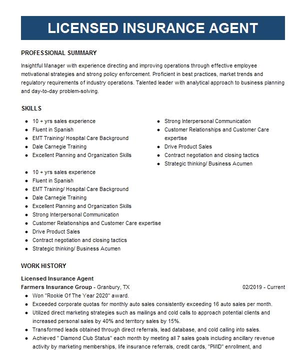 Licensed Insurance Agent Resume Example