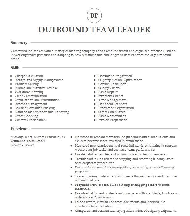 Inbound Outbound Team Leader Resume Example