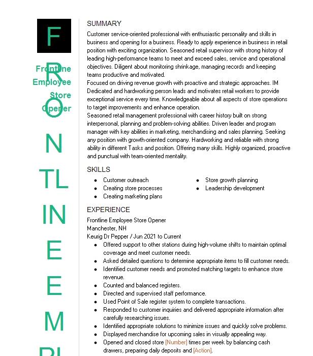 Frontline Employee Store Opener Resume Example