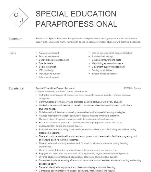 Special Education Paraprofessional Classroom Paraprofessional Resume ...