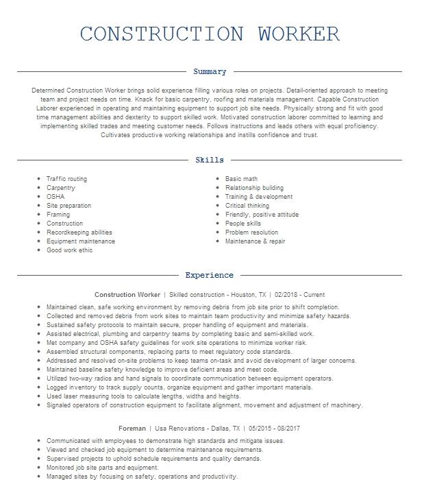 Construction Worker Resume Example