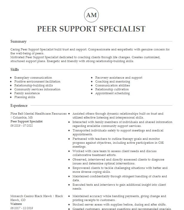 peer support specialist resume