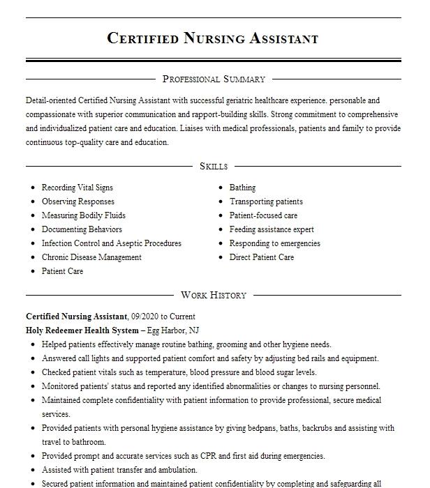 Certified Nursing Assistant Resume Example