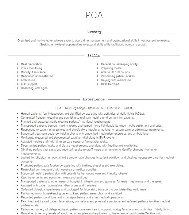 Pca Resume Example