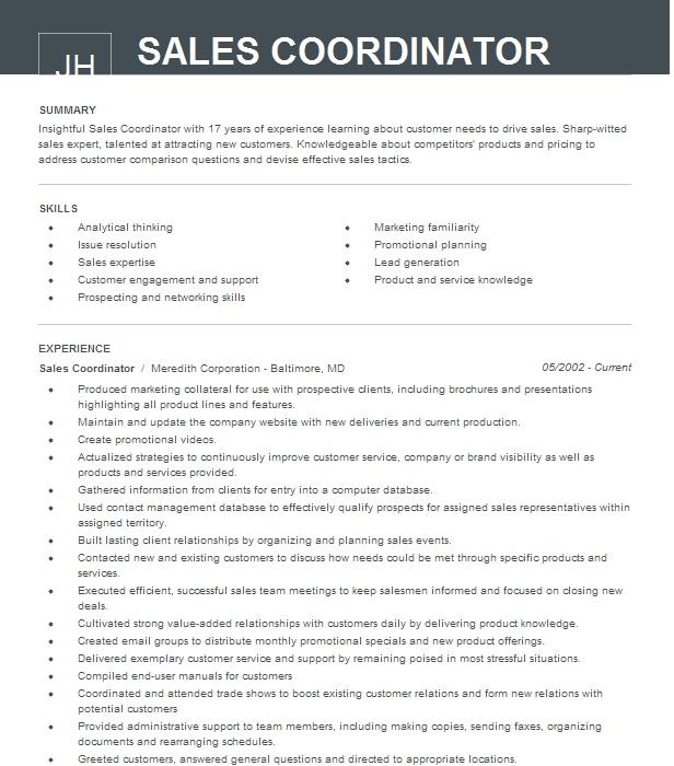 Sales Coordinator Resume Example