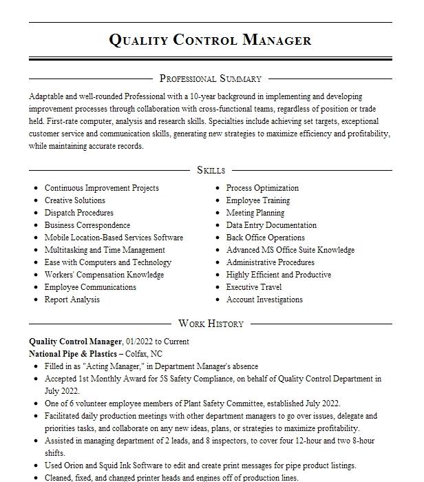 Quality Control Manager Resume Objective | LiveCareer