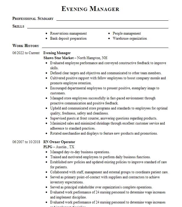 Evening Manager Resume Example