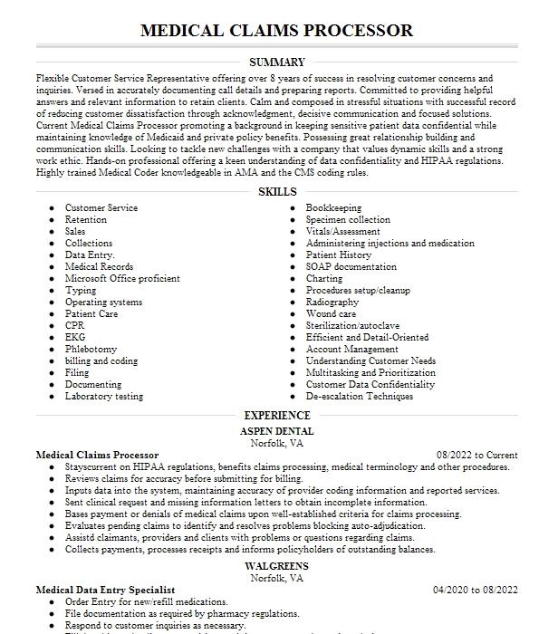 Medical Claims Processor Resume Objective Example