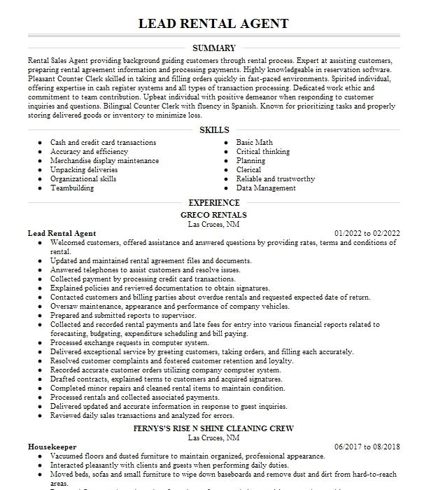 Rental Coordinator Lead Resume Example