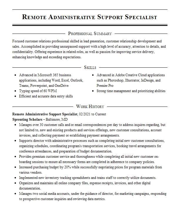 Remote Administrative Support Specialist Resume Example