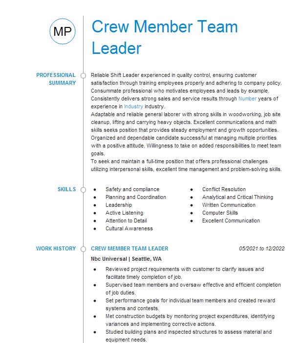 Team Leader Crew Member Resume Example