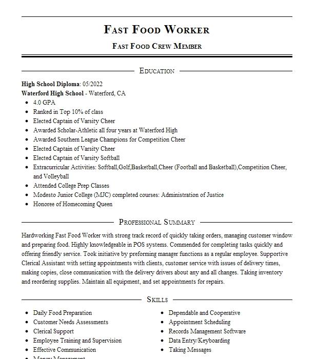 Fast Food Server Objectives | Resume Objective | LiveCareer