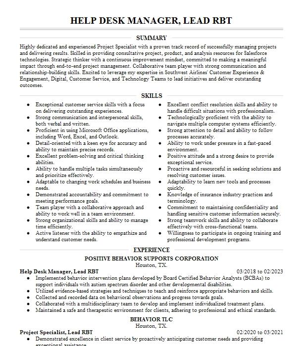 Bcba, Rbt Manager Resume Example