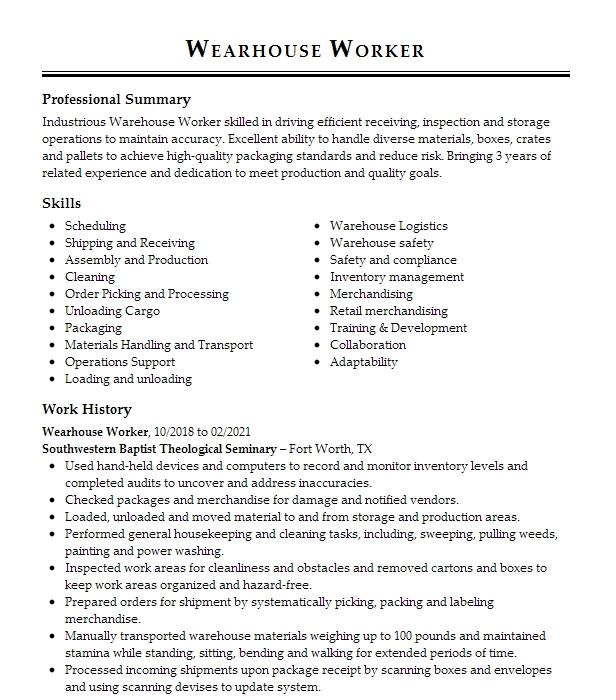 Wearhouse Worker Resume Example