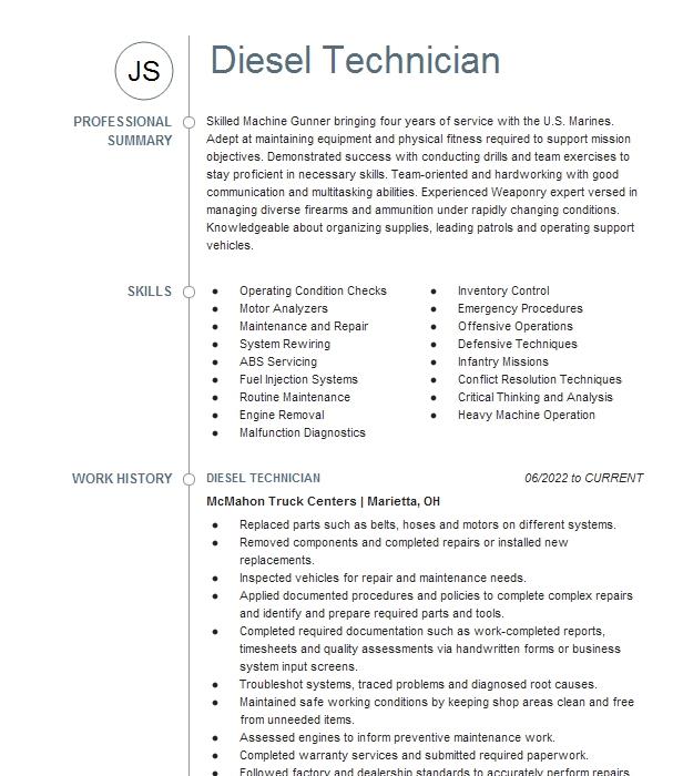 Diesel Technician Resume Example