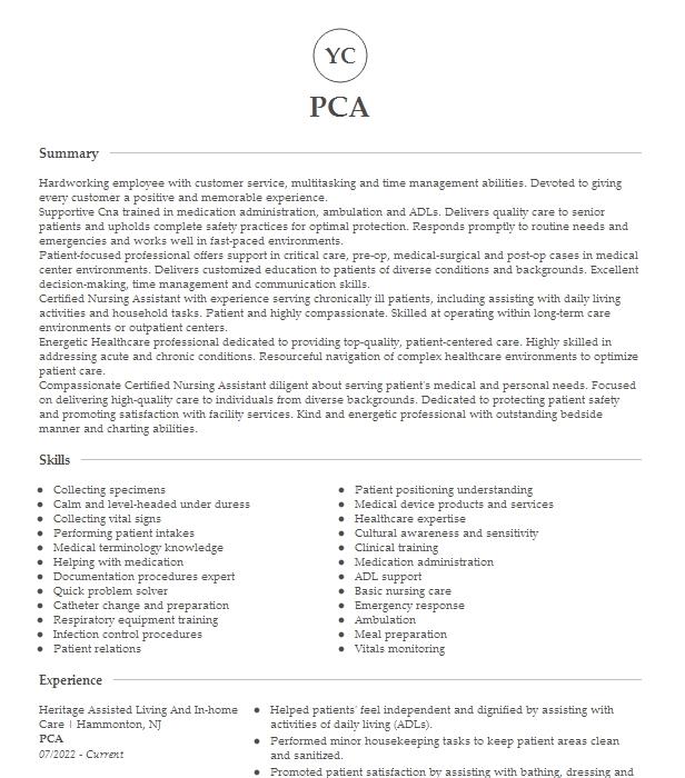 Pca Resume Example