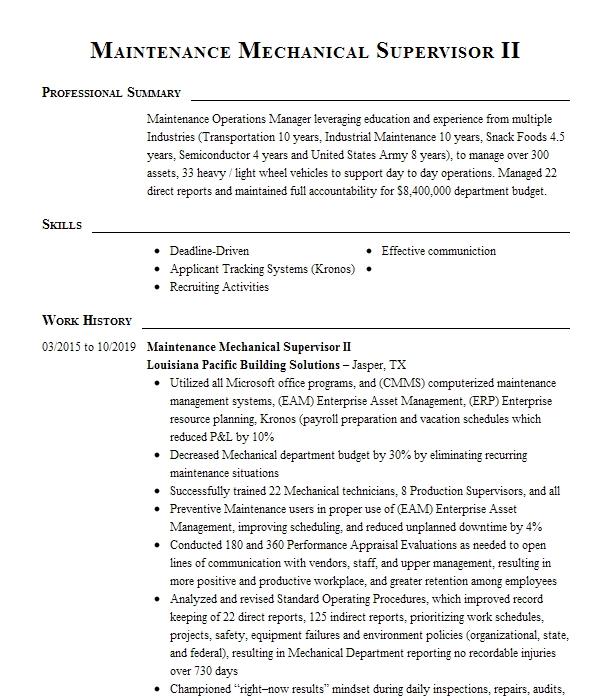 Mechanical Maintenance Engineer Resume Objective