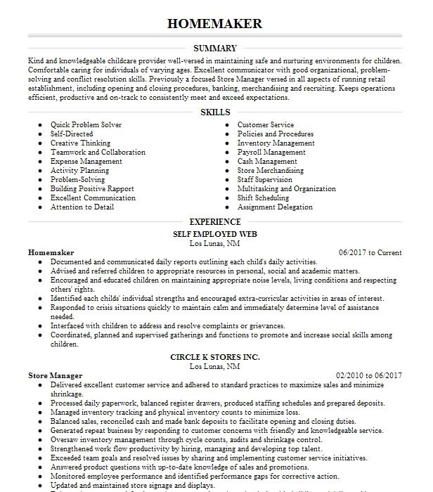 Homemaker Resume Example