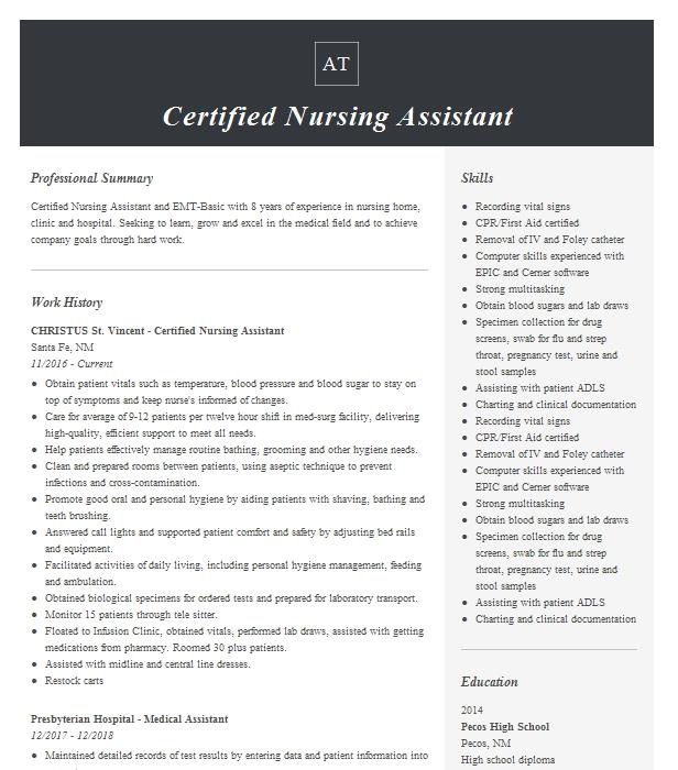 Certified Nursing Assistant Resume Example