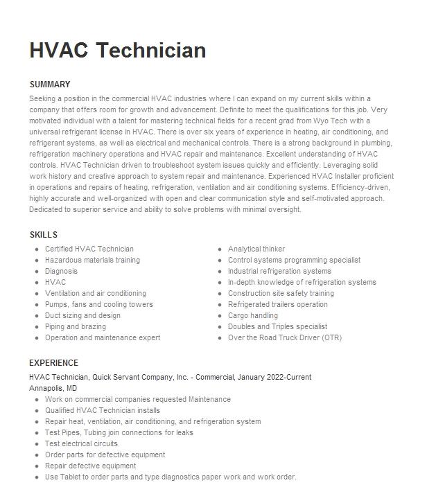 Hvac Technician Resume Example 9437