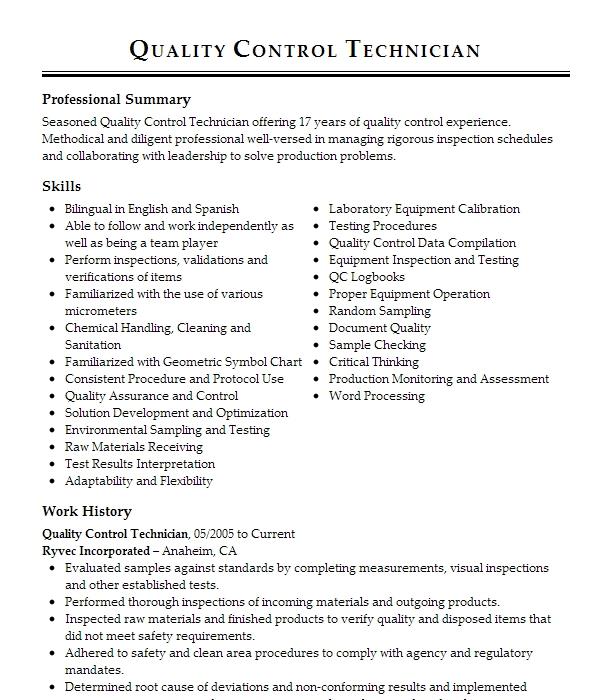 Quality Control Technician Resume Example