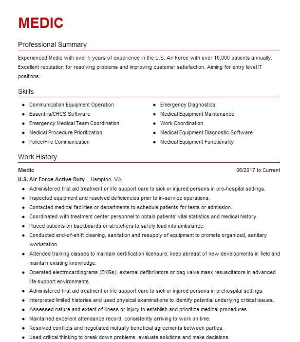 Medic Resume Example