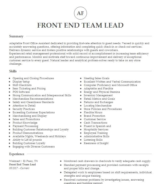 Front End Team Lead Resume Example