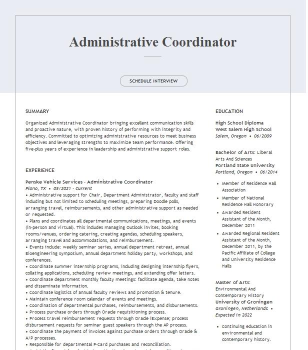 Administrative Coordinator Resume Example