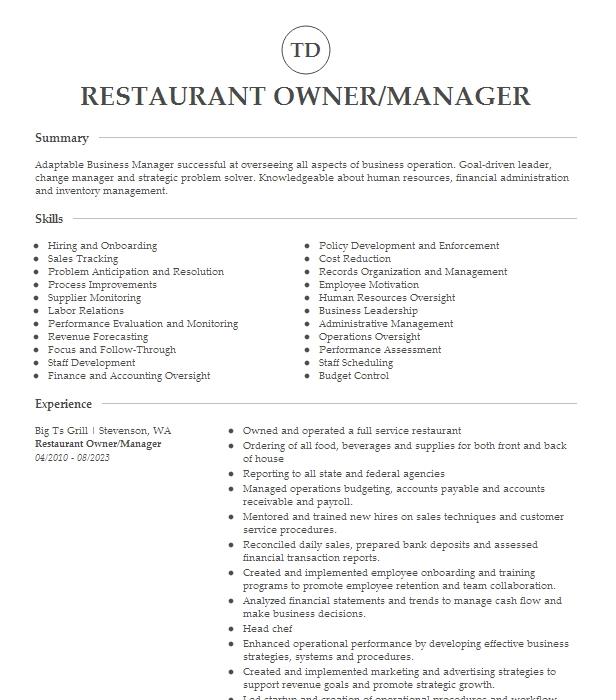 Restaurant Owner Manager On Duty Resume Example