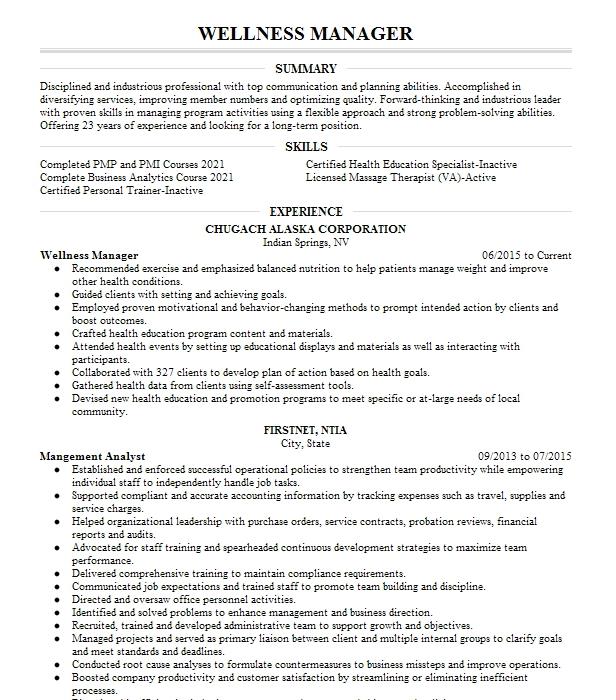 Wellness Manager Resume Example