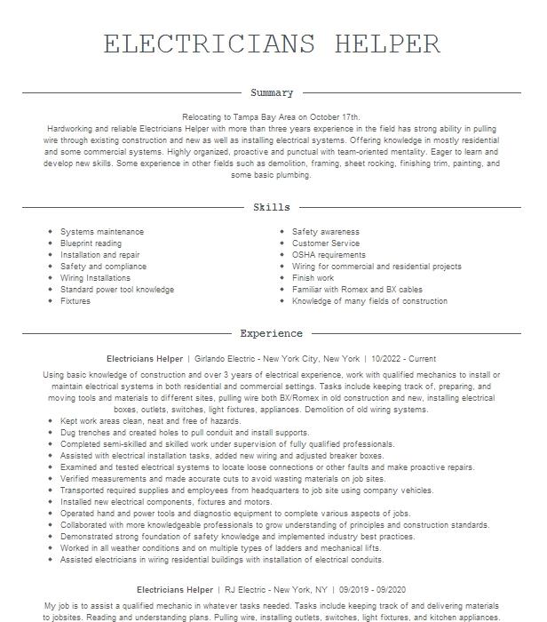 Electricians Helper Resume Example