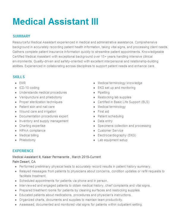 Medical Assistant Iii Resume Example