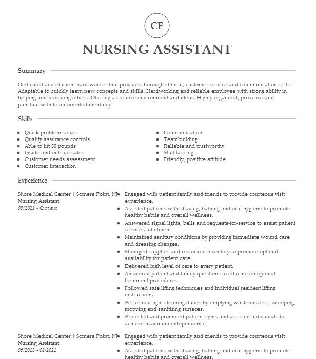 Nursing Assistant Resume Example