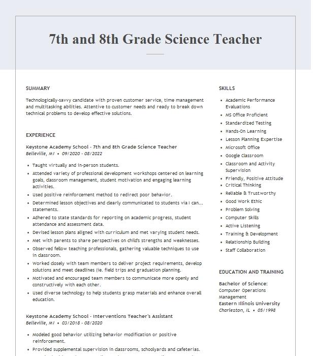 7th And 8th Grade Science Teacher Resume Example