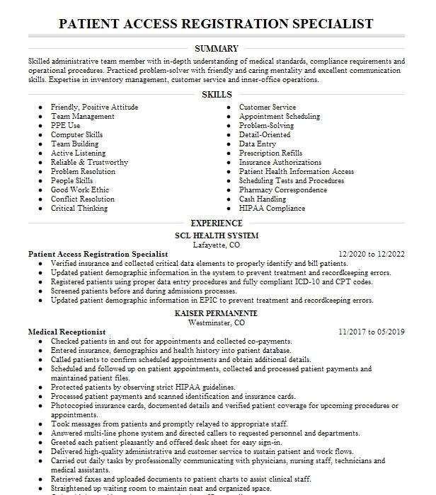 Patient Access Registration Resume Example