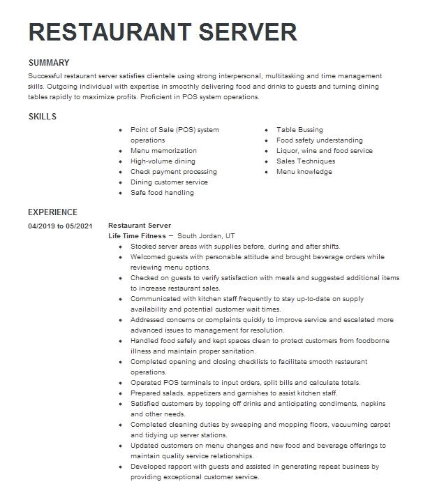 Restaurant Server Resume Example