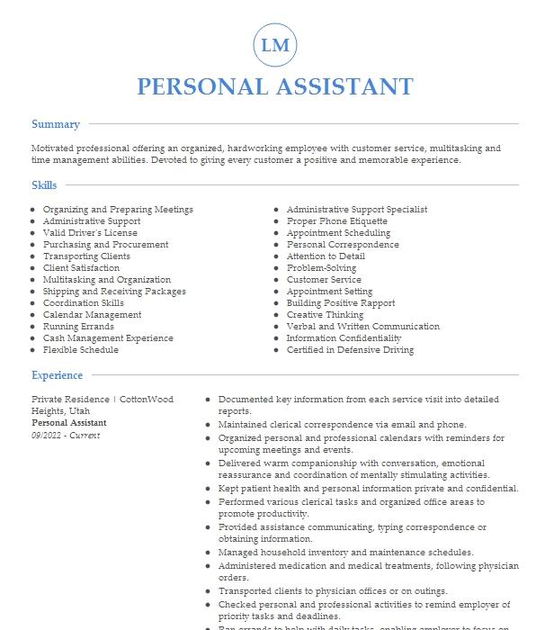 Personal Assistant Resume Example