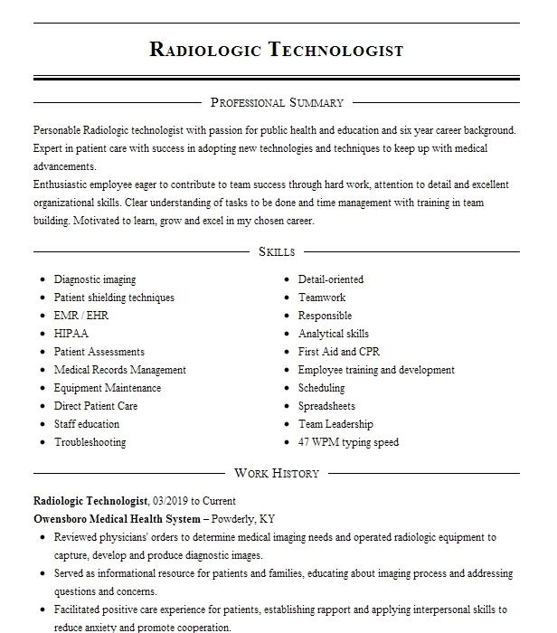 Radiologic Technologist Resume Example