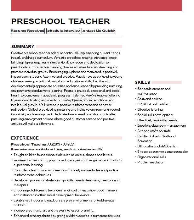 Preschool Teacher Resume Example