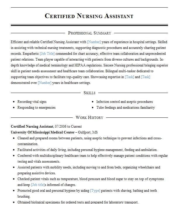 Certified Nursing Assistant Resume Example