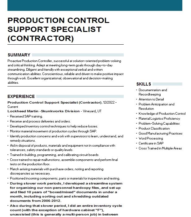 Production Control Support Specialist (contractor) Resume Example