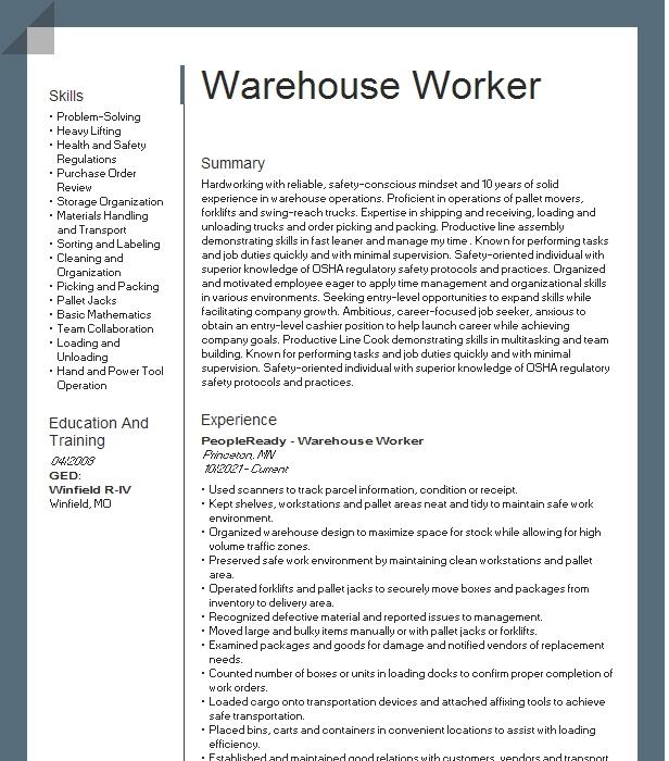 Warehouse Worker Resume Example